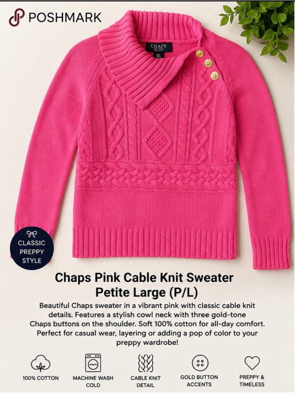 Chaps Pink Cable Knit Cowl Neck Sweater Petite Large P/L 100% Cotton